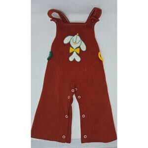 Vintage Crawler Overalls Jumpsuit Red 18 Months 1970s Dog with Bow Acrylic